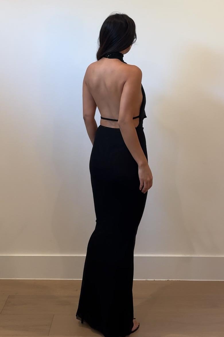 Mesh Plunge Cowl Halter Maxi Dress