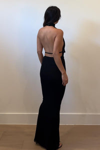 Mesh Plunge Cowl Halter Maxi Dress