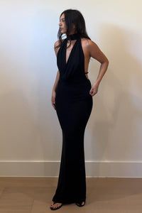 Mesh Plunge Cowl Halter Maxi Dress