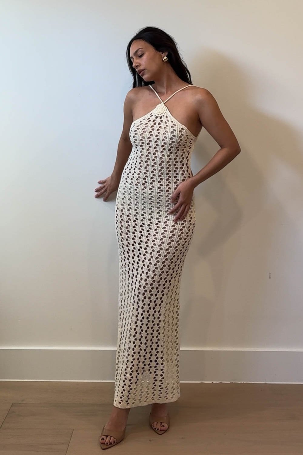 Crochet Knit Halter Maxi Dress