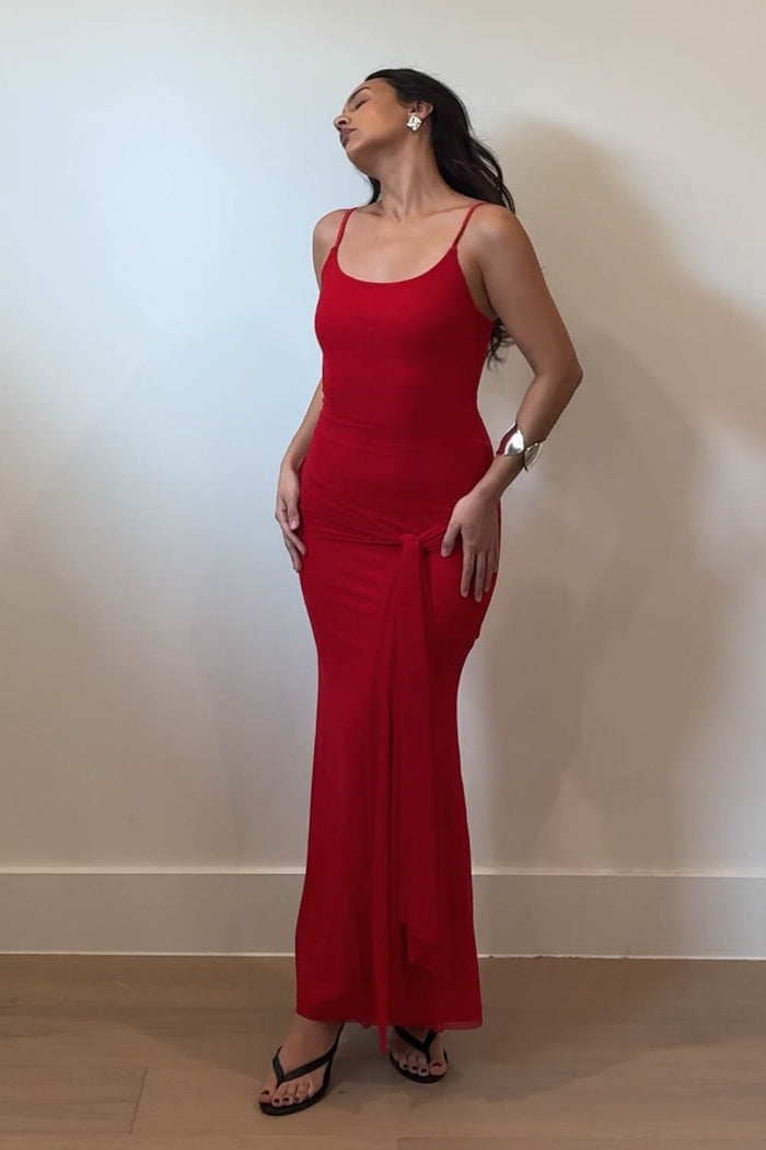 Mesh Front Tie Bodycon Maxi Dress
