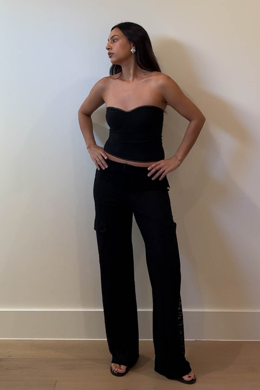 Low Rise Sheer Lace Cargo Pants - Straight Leg with Pockets