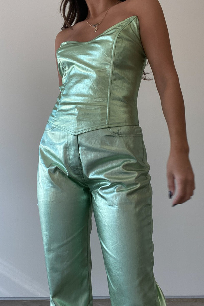 V Neck Metallic PU Corset Top - TheOures