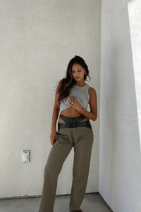 PU Waist Side Cut-out Band Detailed Denim Pants - TheOures