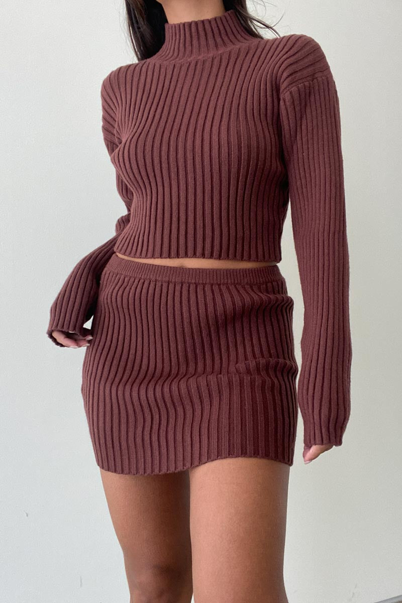 Mock Neckline Crop Knit Top and Knit Skirt Sets - TheOures