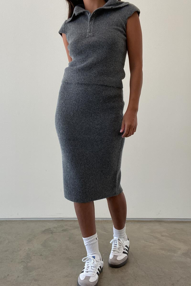 Soft Ribbed Polo Top and Midi Skirt Sets - TheOures