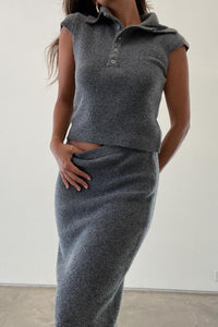 Soft Ribbed Polo Top and Midi Skirt Sets - TheOures