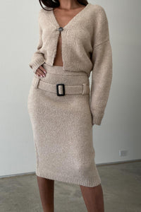 Wool Blended Knit Cropped Cardigan and Belted Skirt Sets - TheOures