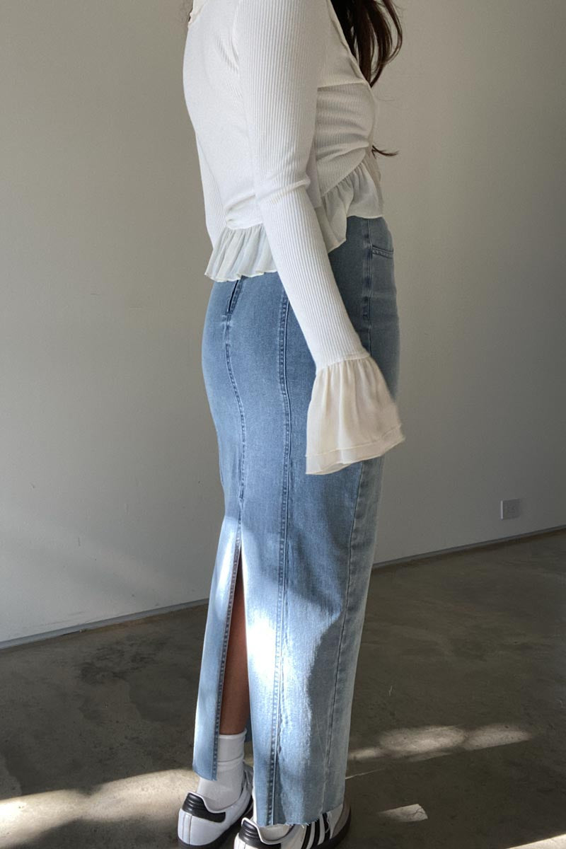 High Waisted Denim Maxi Skirt