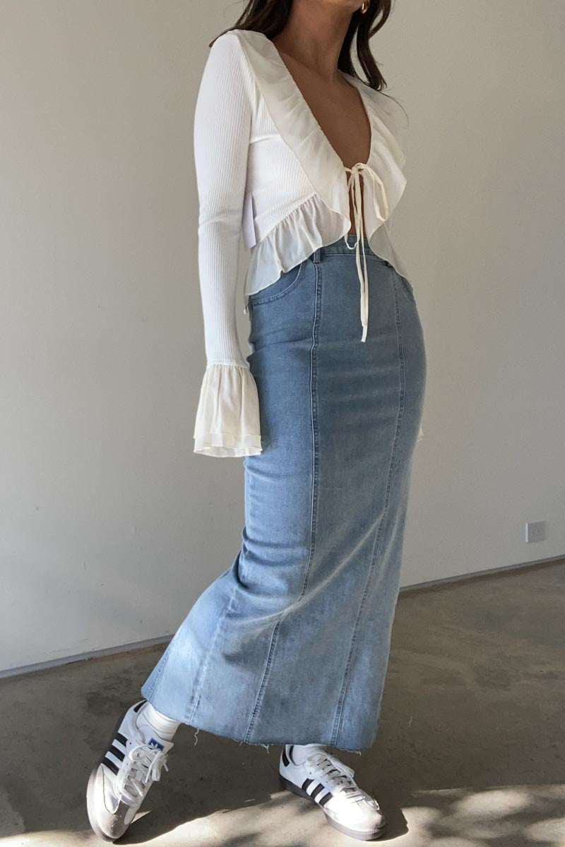 High Waisted Denim Maxi Skirt