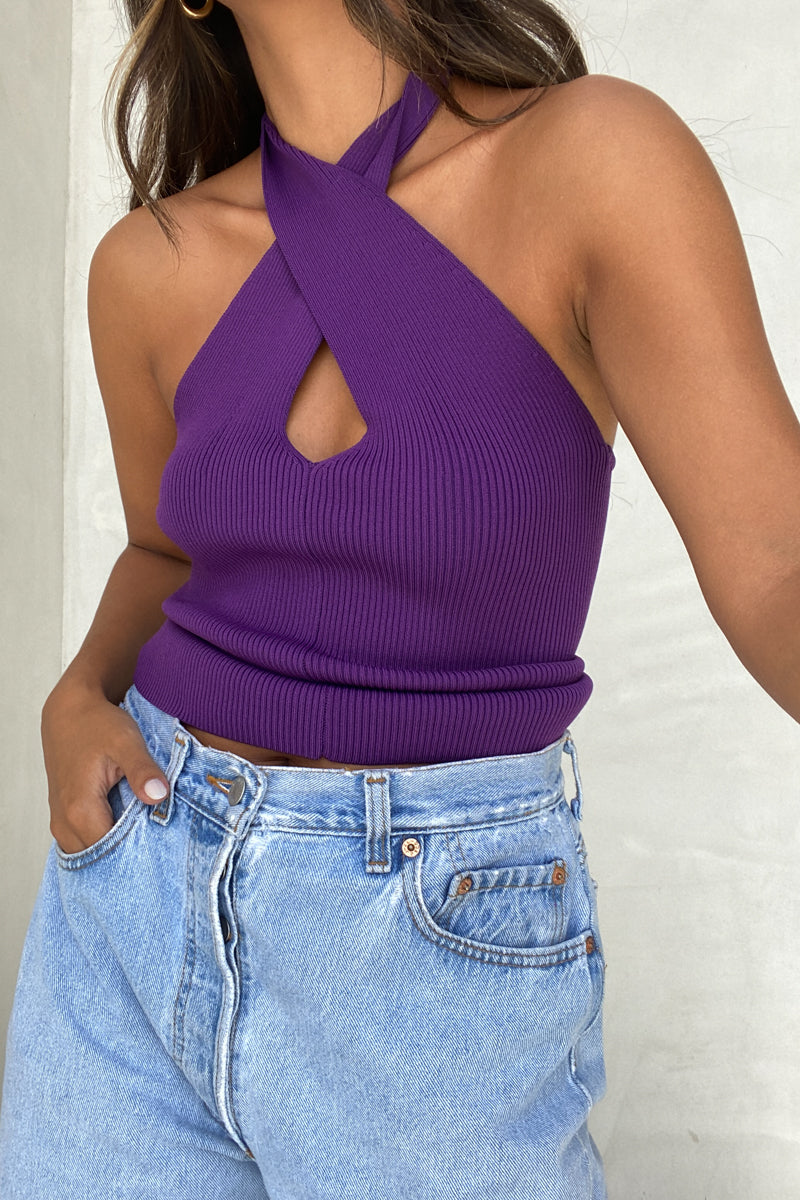 Front Cut-out Criss Cross Detail Halter Top - TheOures