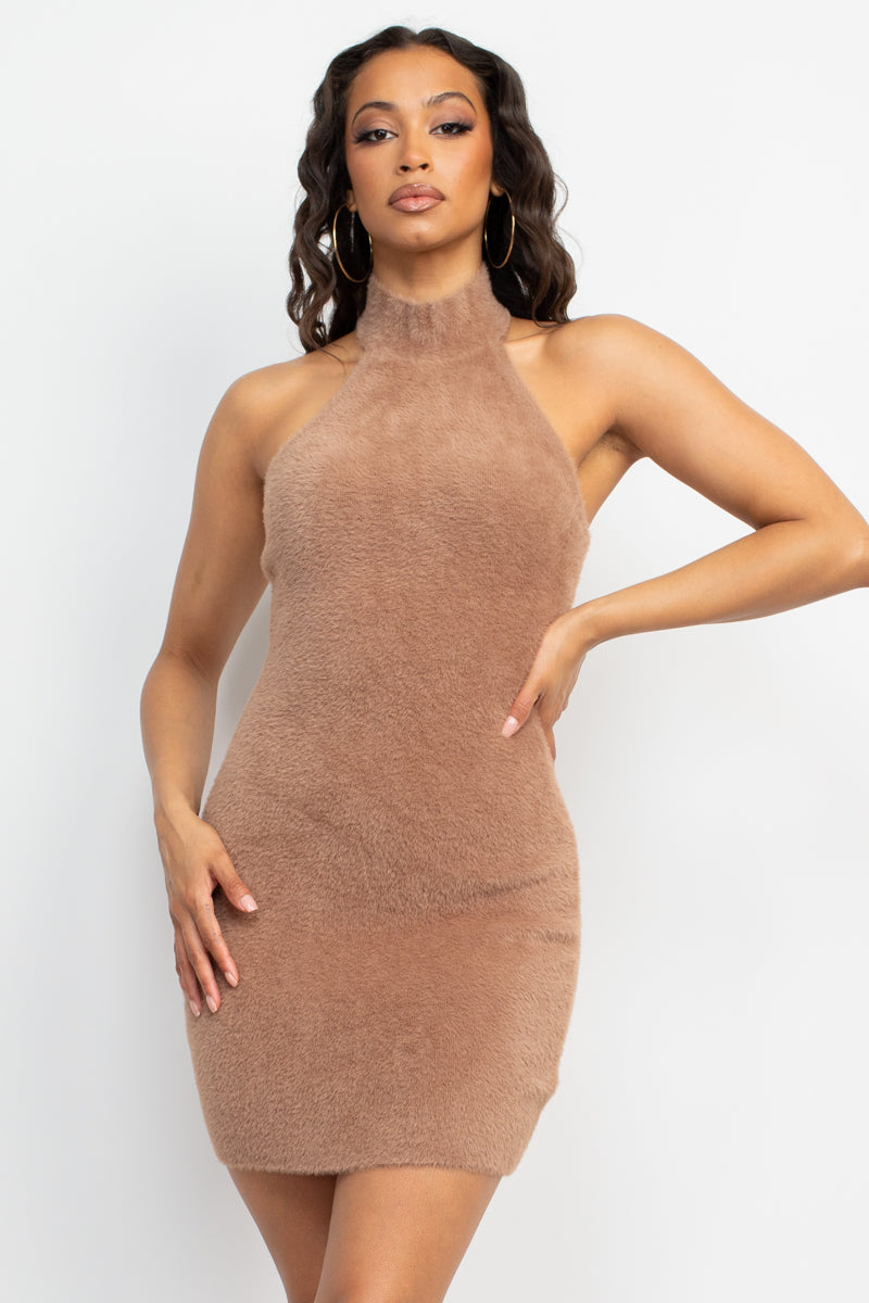 Fuzzy Knitted Halter neck Mini Dress