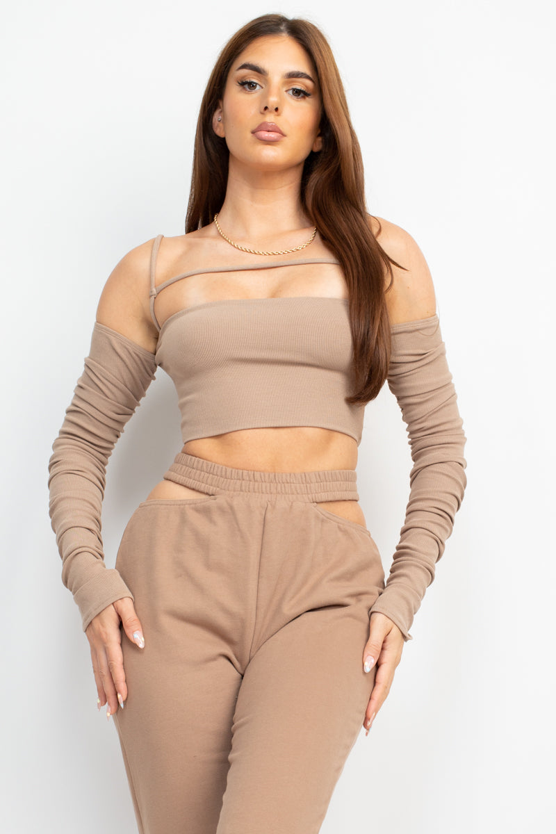 Ruched Long Sleeve Front Detail Crop Top