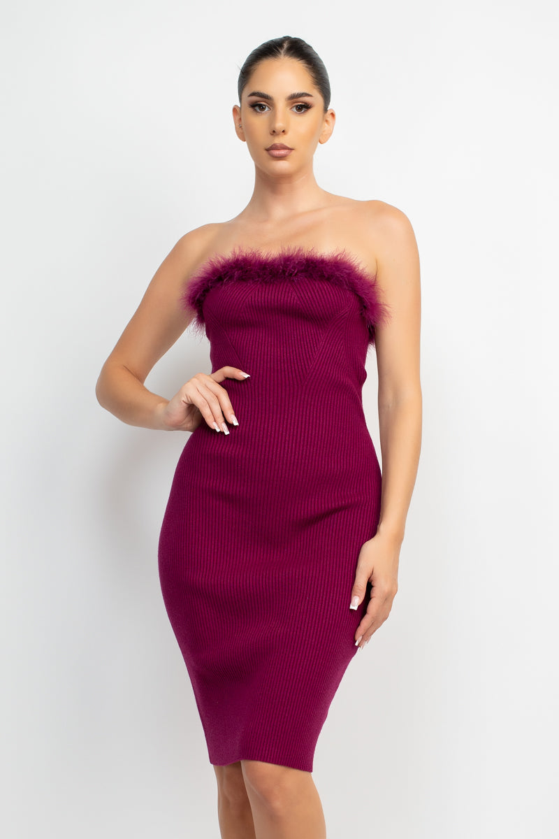 Faux Feather Trim Knitted Dress