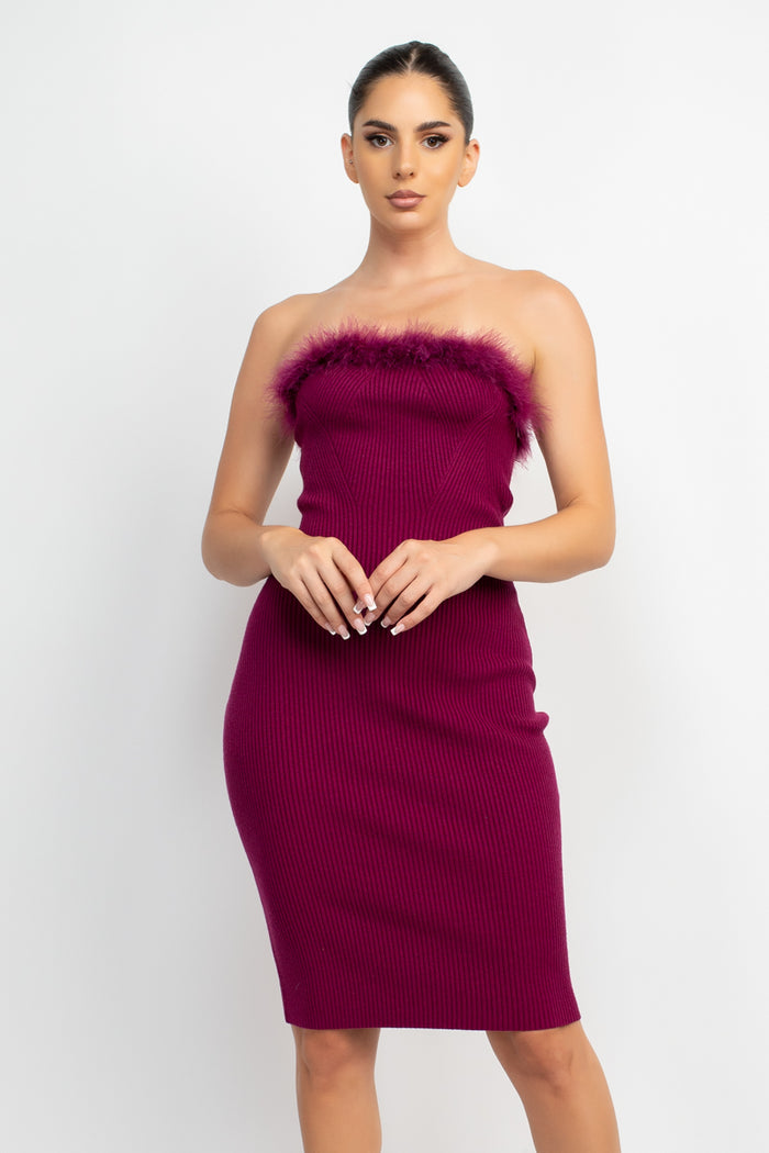 Faux Feather Trim Knitted Dress