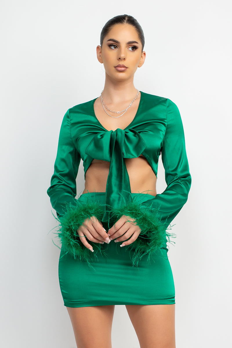 Feather Detail Crop Top and Mini Skirt Sets