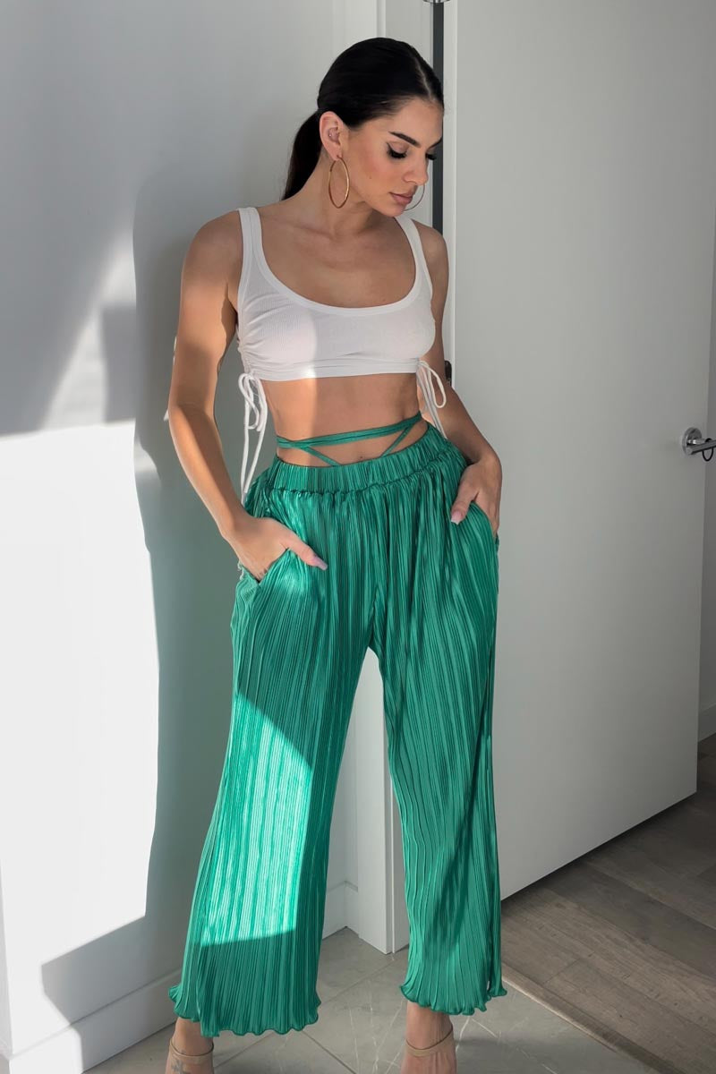 Plisse Tie Waist Wide Leg Pants