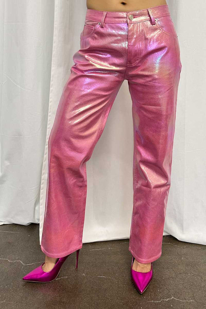 Metallic Low Rise Straight Leg Pants - TheOures